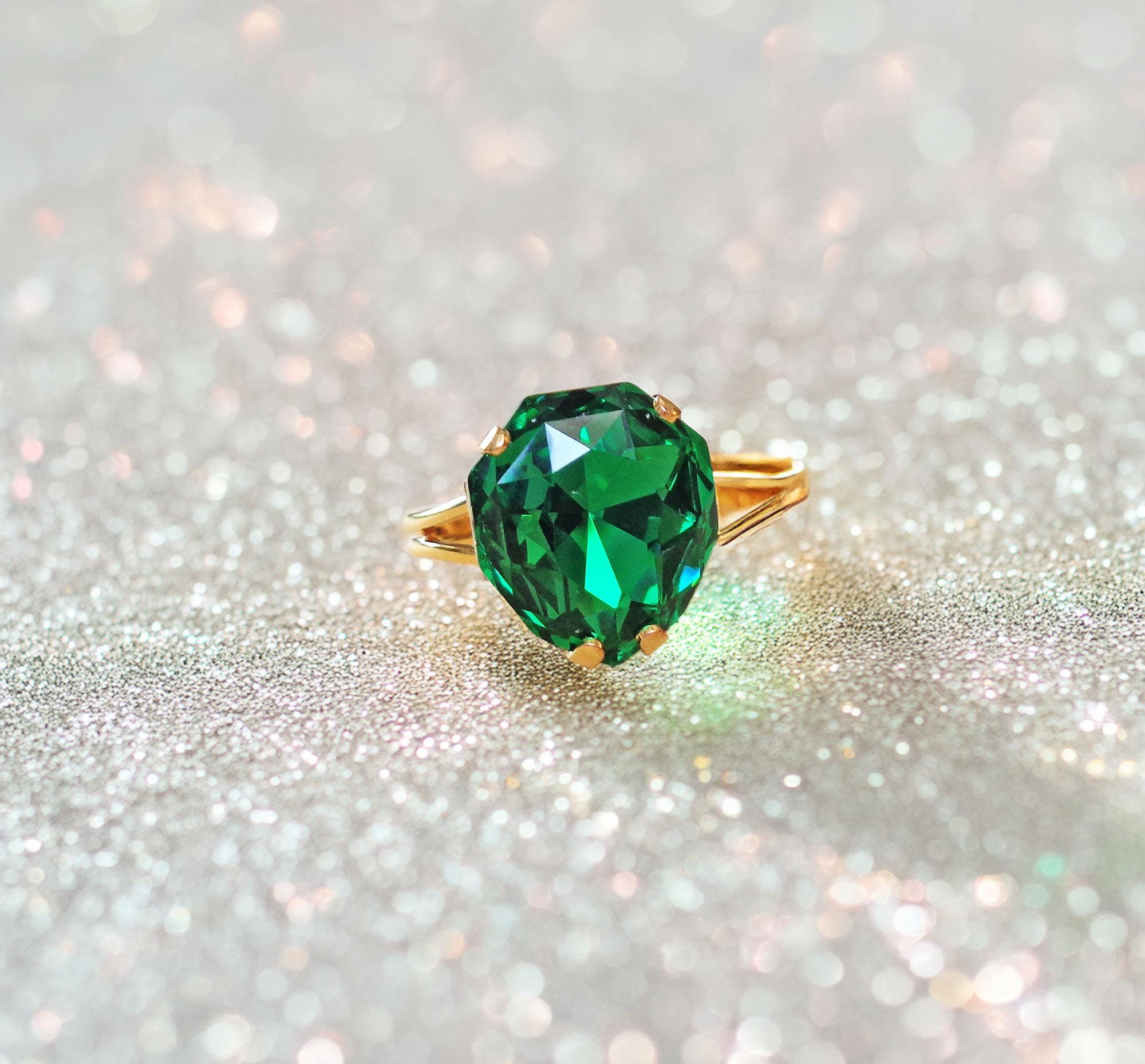 Crystal majestic stone ring ,green,gold plated