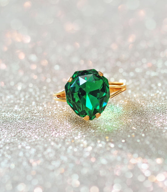 Crystal majestic stone ring ,green,gold plated