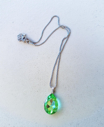 Crystal  large pear drop pendant necklace,peridot,stainless steel