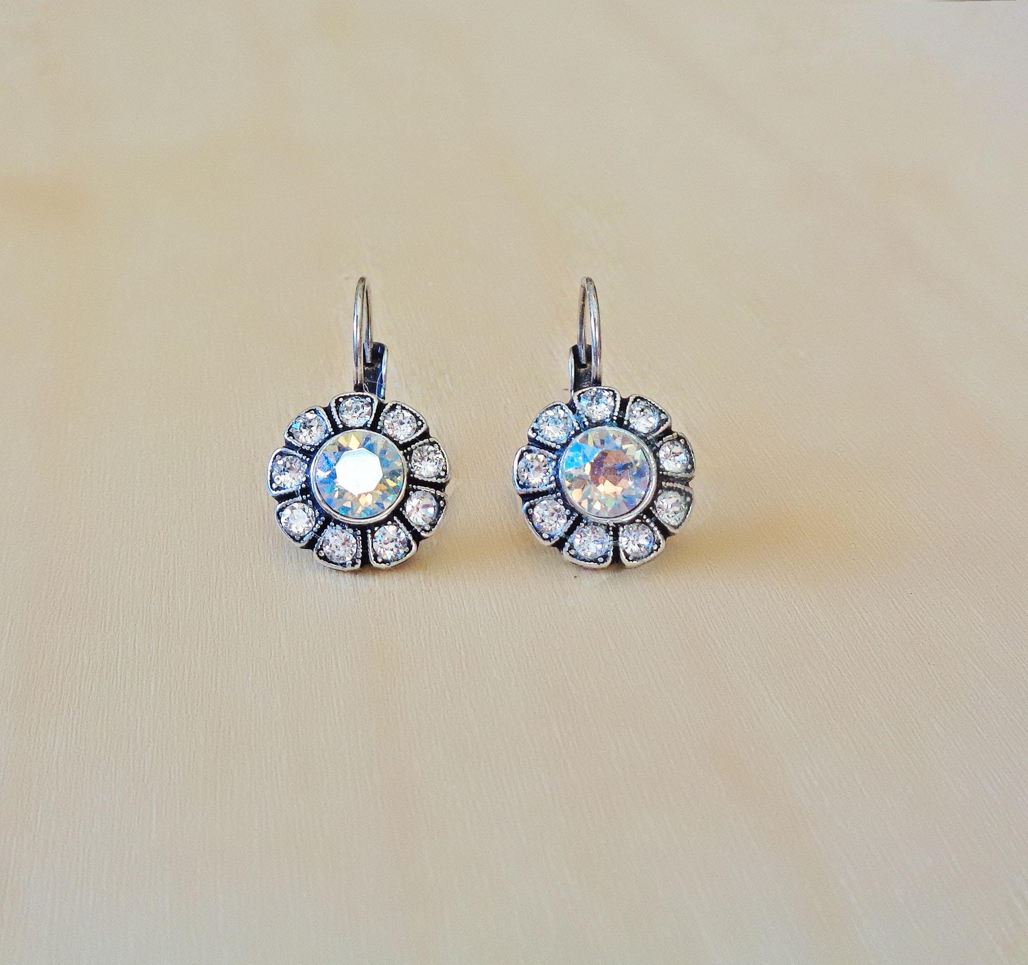 ESTELLE crystal floral drop earrings,clear crystal shimmer,antique silver