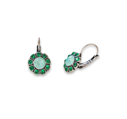 DAHLIA crystal floral drop earrings,bright green,antique silver