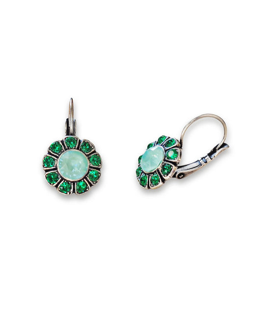 DAHLIA crystal floral drop earrings,bright green,antique silver