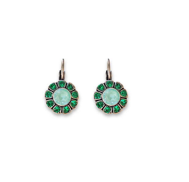 DAHLIA crystal floral drop earrings,bright green,antique silver
