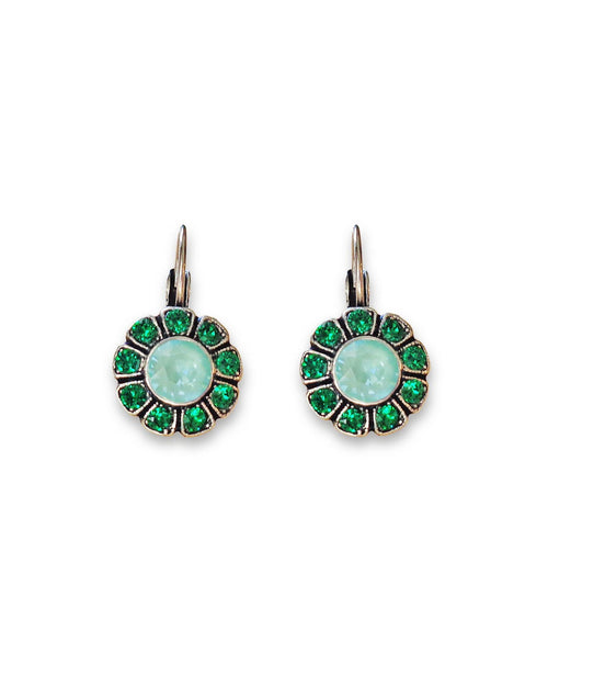 DAHLIA crystal floral drop earrings,bright green,antique silver