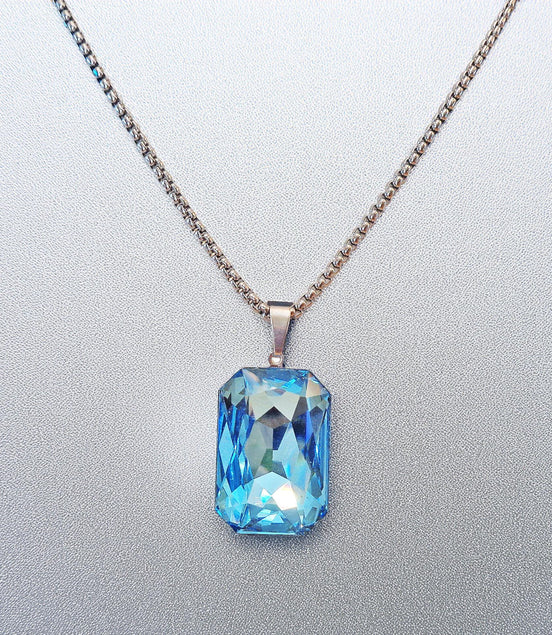 Crystal  large rectangular pendant necklace aquamarine,stainless steel
