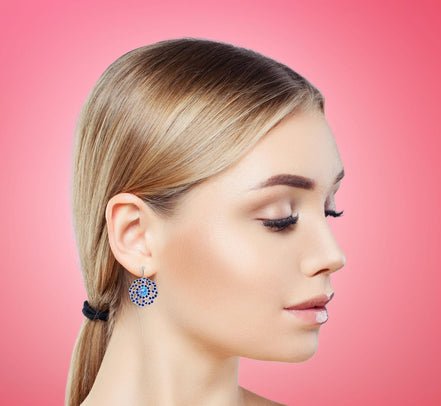 INDIGO crystal swirl design drop earrings,dark sapphire ,rhodium silver