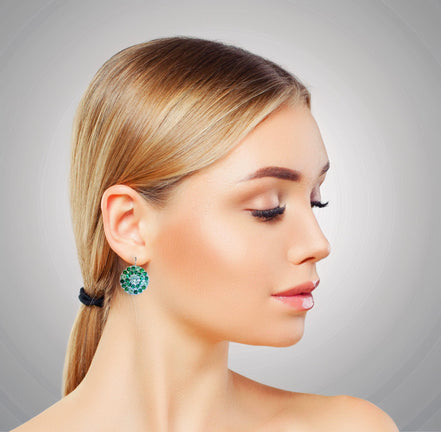 NEPHELE Large crystal floral design drop earrings,green ,rhodium silver