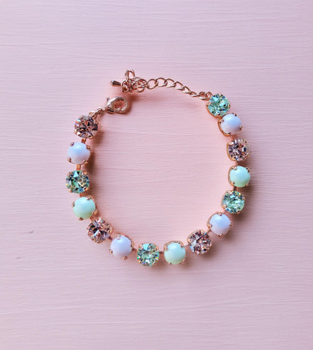 Crystal tennis bracelet ,pastel green and pink,rose gold plated