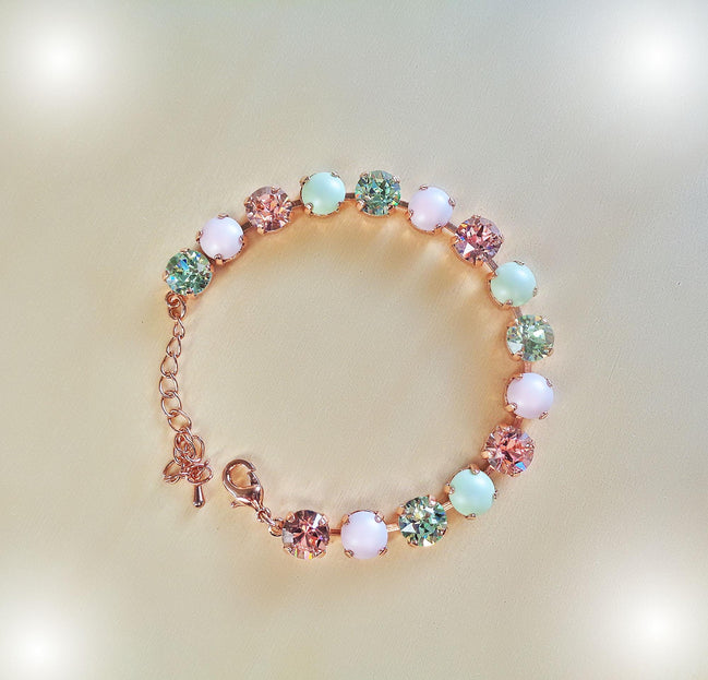 Crystal tennis bracelet ,pastel green and pink,rose gold plated