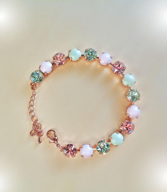 Crystal tennis bracelet ,pastel green and pink,rose gold plated