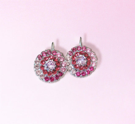 ROSY Large crystal floral design drop earrings,pink shades,rhodium silver