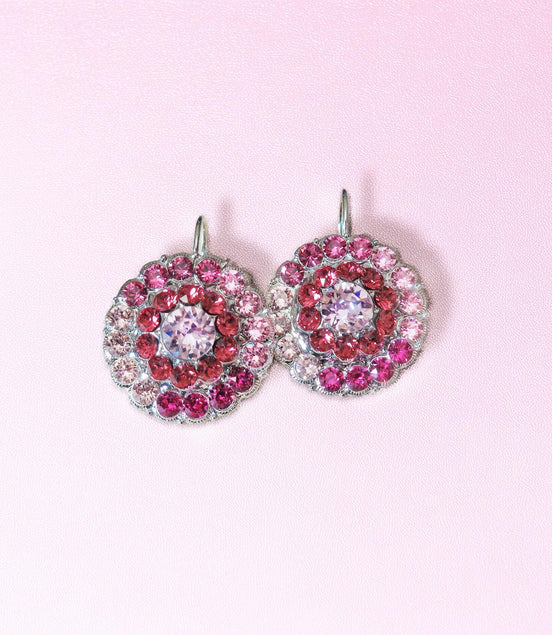 ROSY Large crystal floral design drop earrings,pink shades,rhodium silver