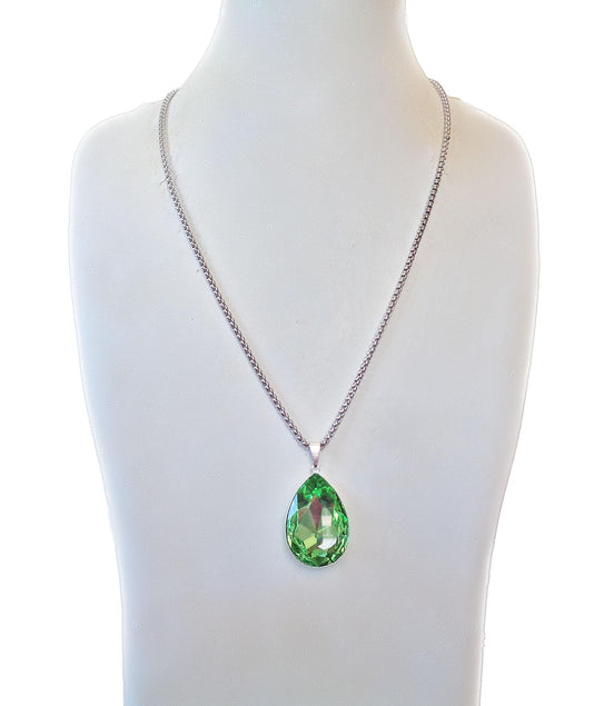 Crystal  large pear drop pendant necklace,peridot,stainless steel