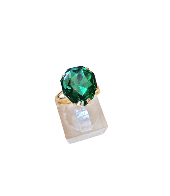 Crystal majestic stone ring ,green,gold plated