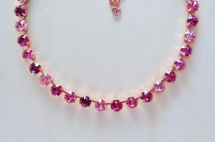 EVERETTE crystal tennis necklace pink and fuchsia  ,rose gold