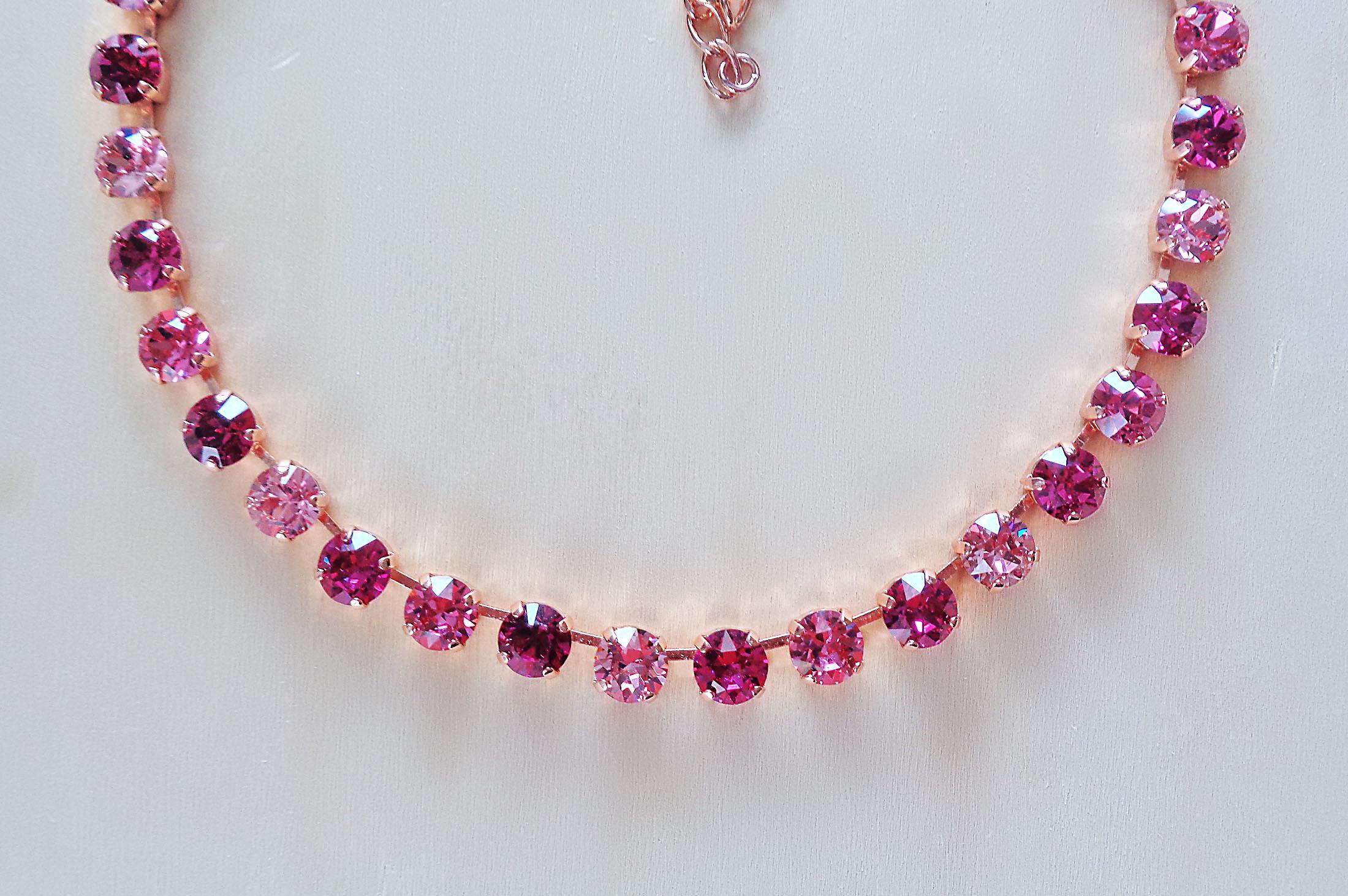 EVERETTE crystal tennis necklace pink and fuchsia  ,rose gold