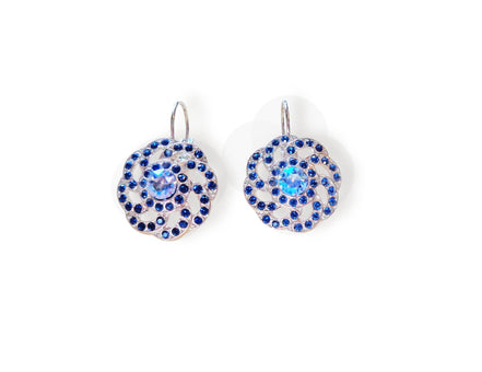 INDIGO crystal swirl design drop earrings,dark sapphire ,rhodium silver