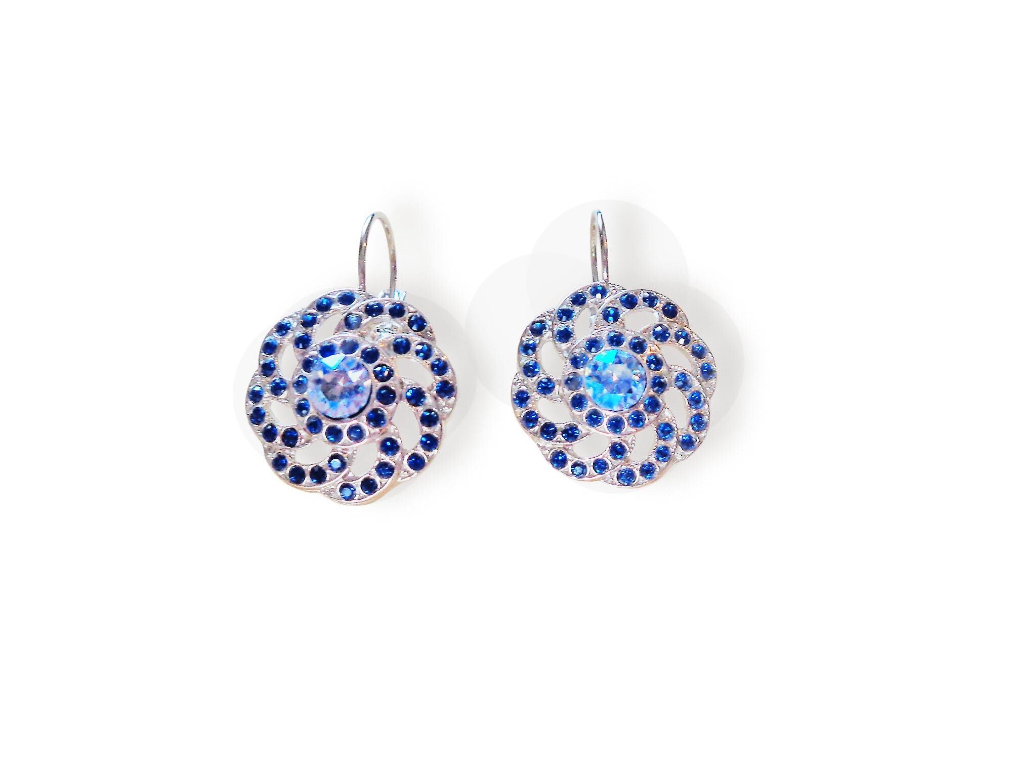 INDIGO crystal swirl design drop earrings,dark sapphire ,rhodium silver