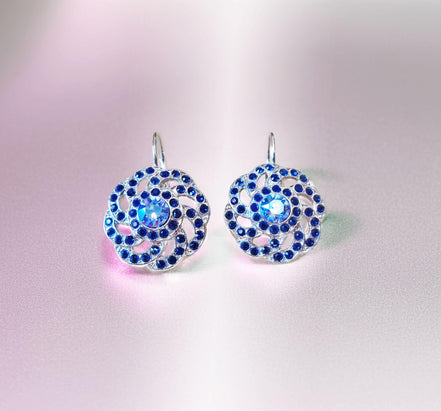 INDIGO crystal swirl design drop earrings,dark sapphire ,rhodium silver