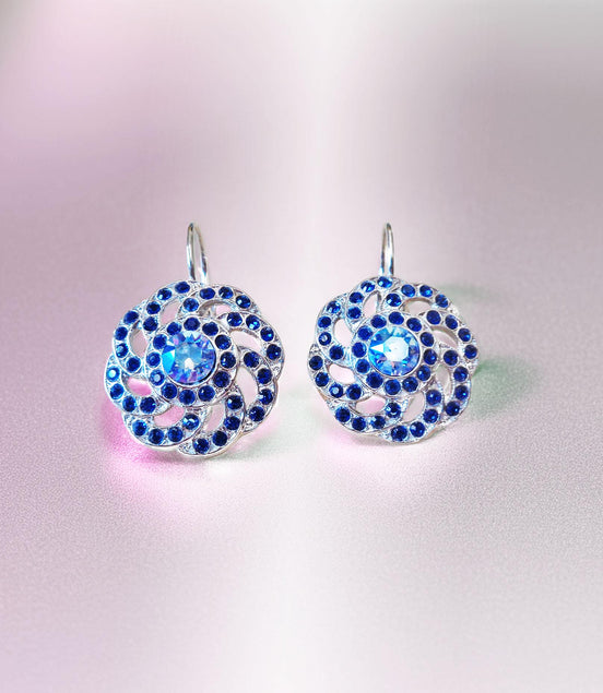 INDIGO crystal swirl design drop earrings,dark sapphire ,rhodium silver