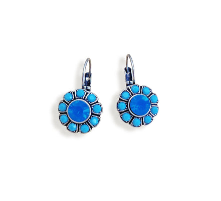 OPAL crystal floral drop earrings, dark blue opal,antique silver