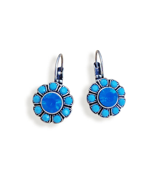 OPAL crystal floral drop earrings, dark blue opal,antique silver