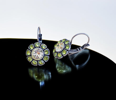 NINA crystal floral drop earrings,citrus green,antique silver