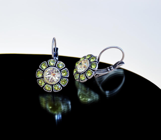 NINA crystal floral drop earrings,citrus green,antique silver