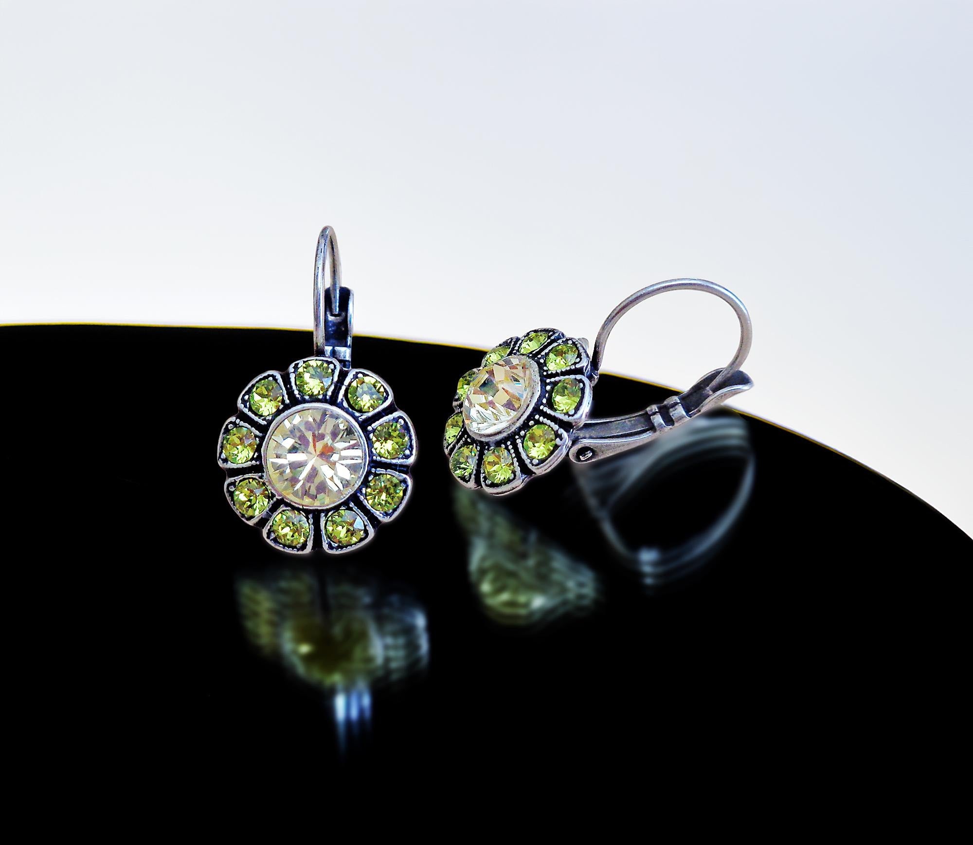 NINA crystal floral drop earrings,citrus green,antique silver