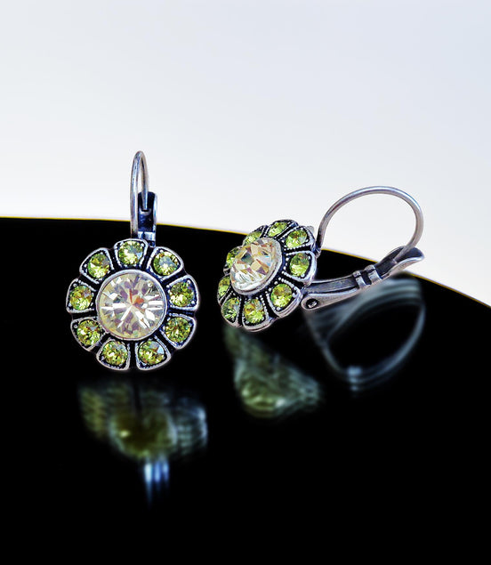 NINA crystal floral drop earrings,citrus green,antique silver