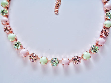PURE INNOCENCE crystal and pearl necklace,pastel green ,pink,rose gold