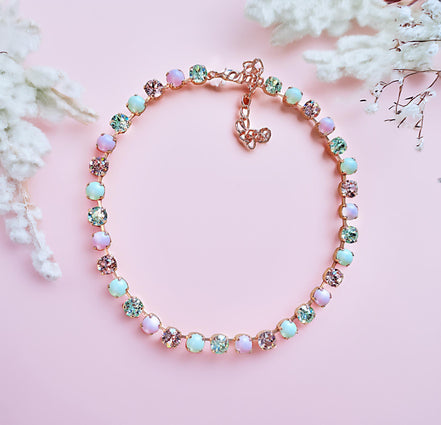 PURE INNOCENCE crystal and pearl necklace,pastel green ,pink,rose gold