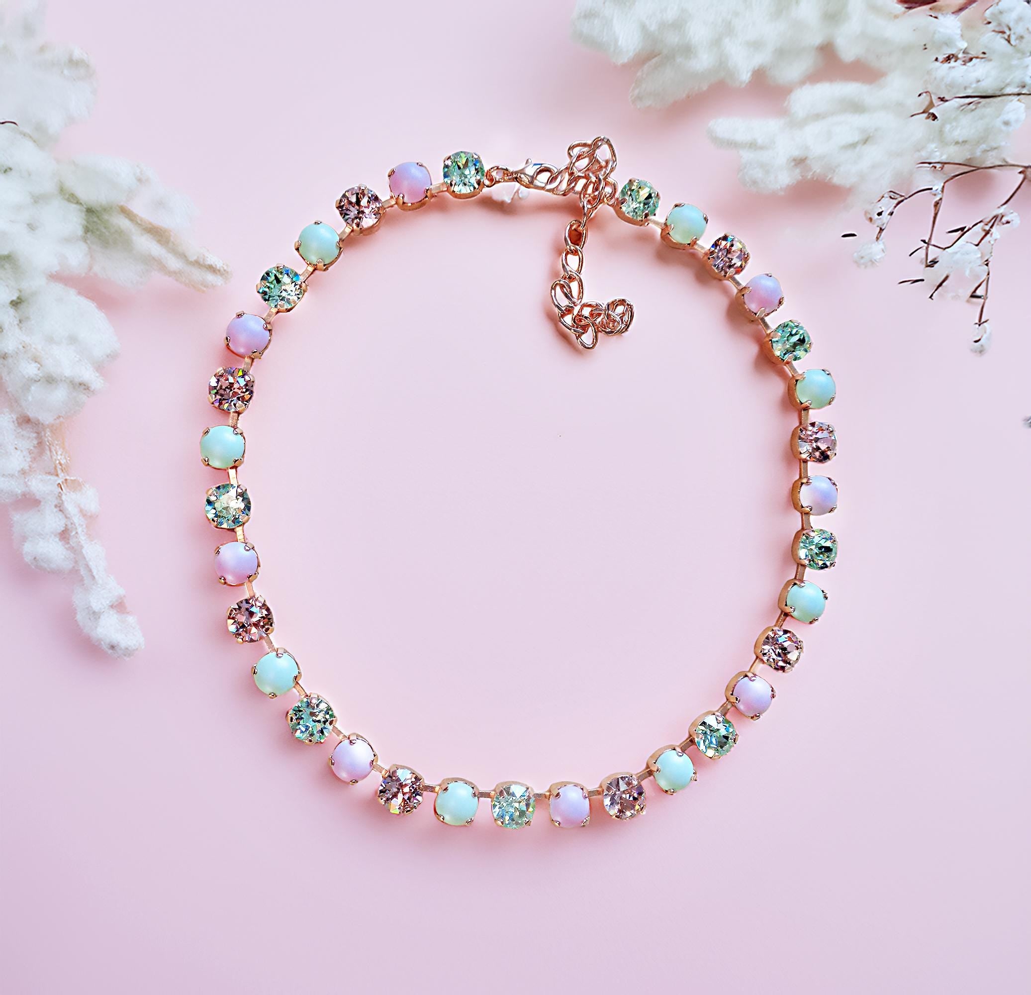 PURE INNOCENCE crystal and pearl necklace,pastel green ,pink,rose gold
