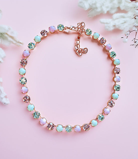 PURE INNOCENCE crystal and pearl necklace,pastel green ,pink,rose gold