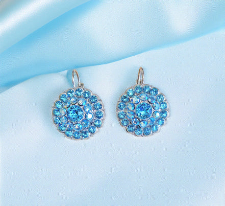 LUCILLE Large crystal floral design drop earrings light turquoise,rhodium silver