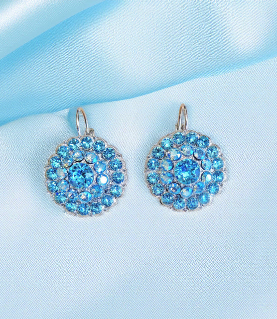 LUCILLE Large crystal floral design drop earrings light turquoise,rhodium silver