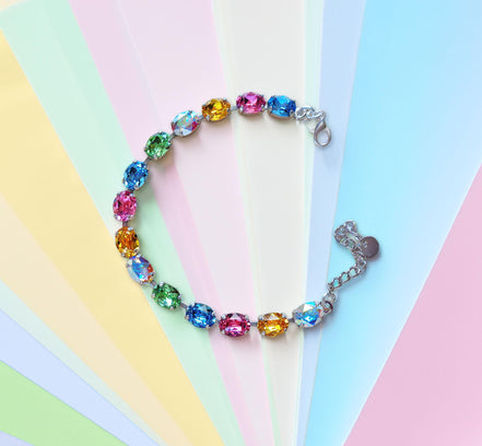 Austrian crystal oval stones  tennis style bracelet multicolour,rhodium silver