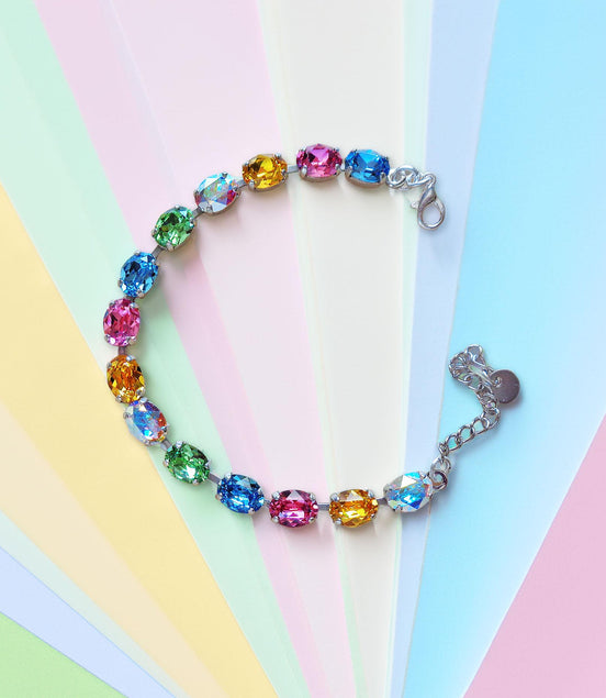 Austrian crystal oval stones  tennis style bracelet multicolour,rhodium silver