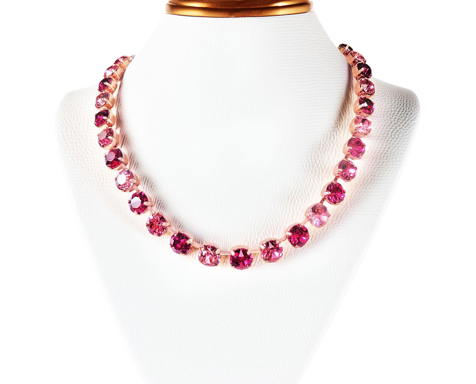EVERETTE crystal tennis necklace pink and fuchsia  ,rose gold