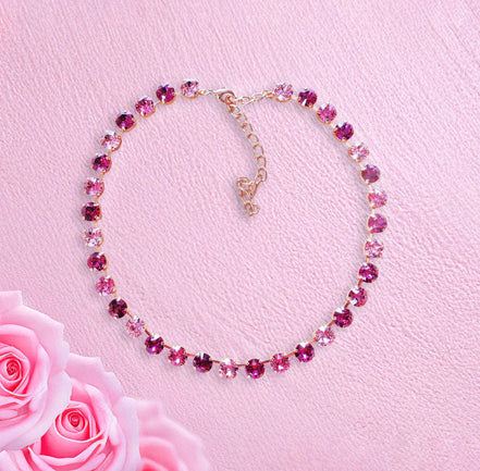 EVERETTE crystal tennis necklace pink and fuchsia  ,rose gold