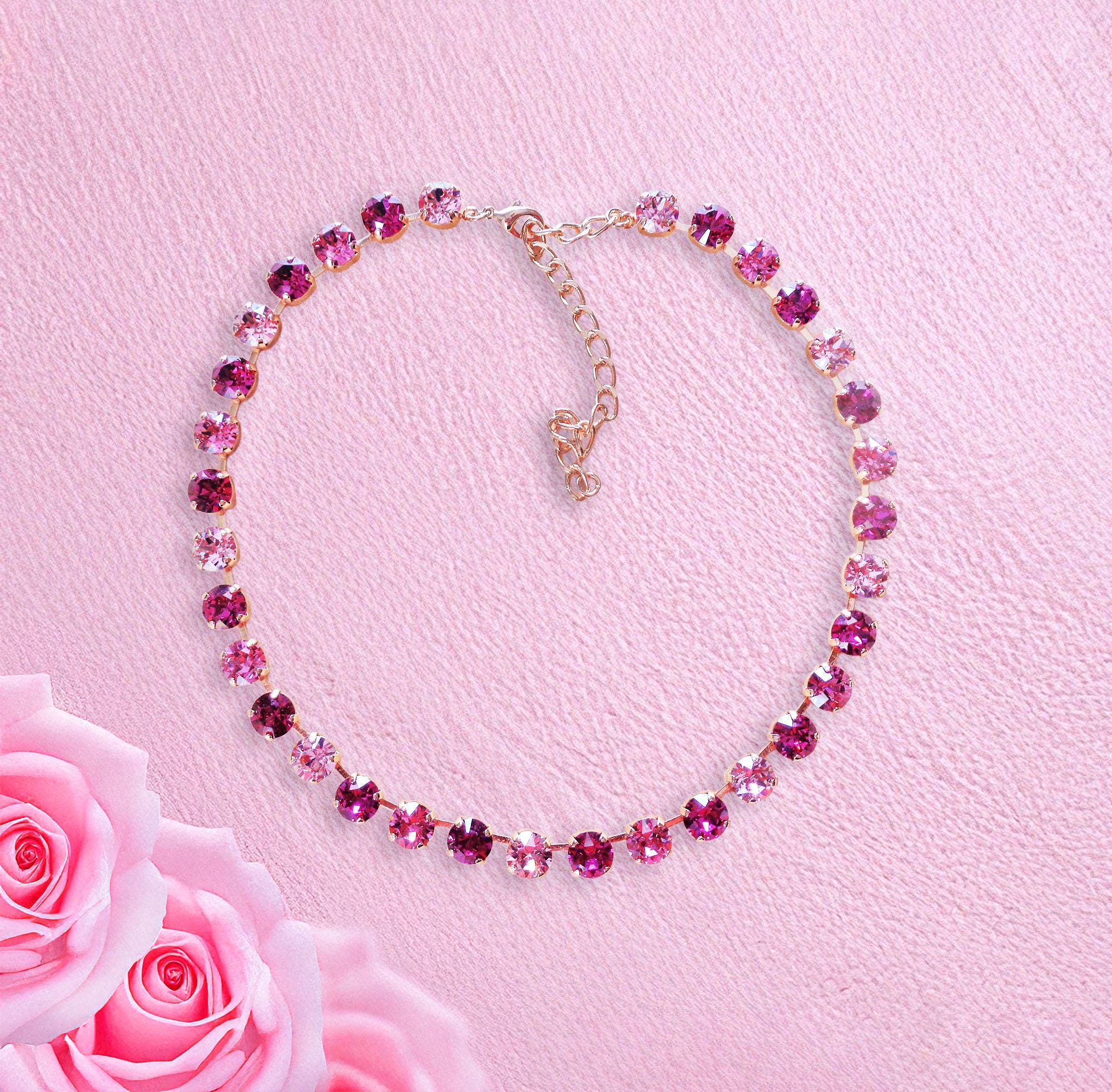 EVERETTE crystal tennis necklace pink and fuchsia  ,rose gold