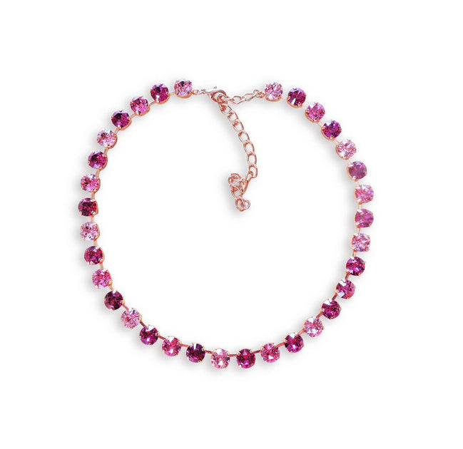EVERETTE crystal tennis necklace pink and fuchsia  ,rose gold