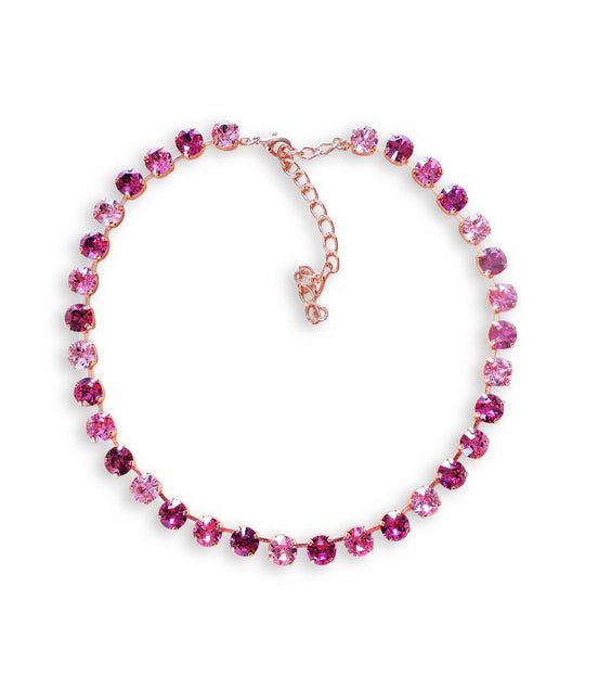EVERETTE crystal tennis necklace pink and fuchsia  ,rose gold