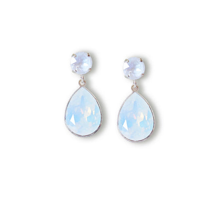 Crystal pear drop earrings,white opal ,silver plated