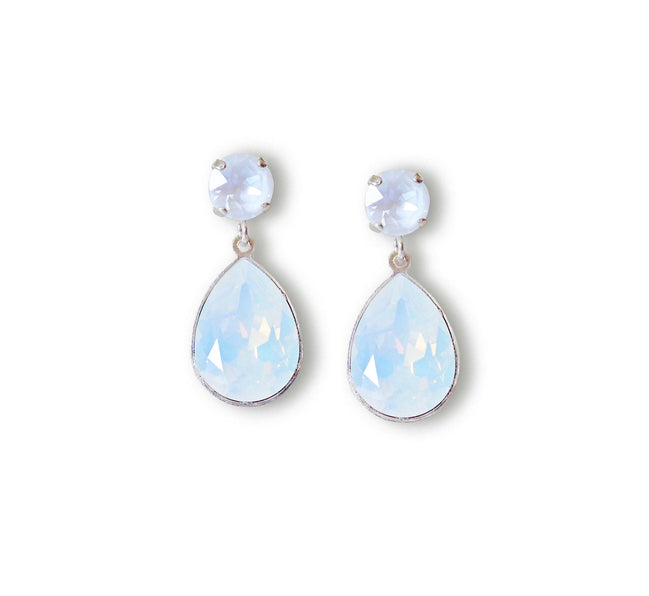 Crystal pear drop earrings,white opal ,silver plated