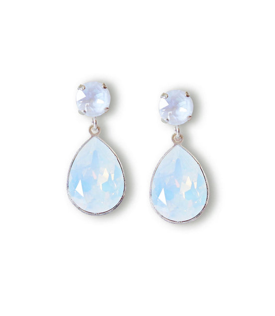 Crystal pear drop earrings,white opal ,silver plated