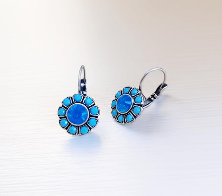 OPAL crystal floral drop earrings, dark blue opal,antique silver