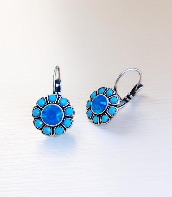 OPAL crystal floral drop earrings, dark blue opal,antique silver