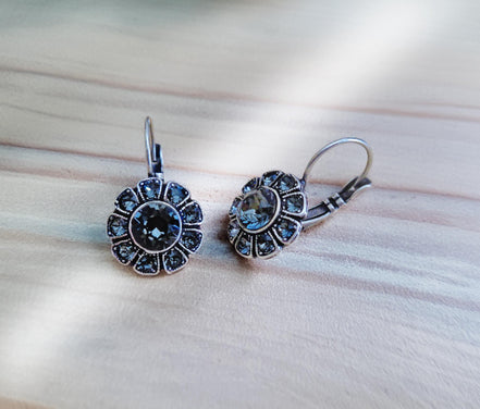 CALLISTA crystal floral drop earrings,black,antique silver