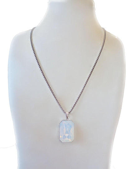 Crystal  large rectangular pendant necklace white opal,stainless steel